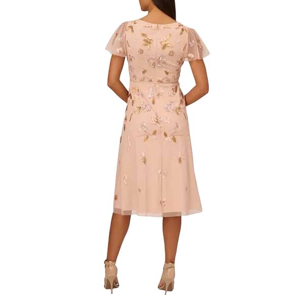 Adrianna Papell Beaded Flutter-Sleeve Tie-Waist Midi Dress Size US 8 - Picture 4 of 12